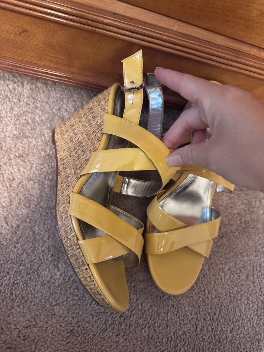 Style & Co. Yellow Patent Wedge Sandals with Metallic Accents